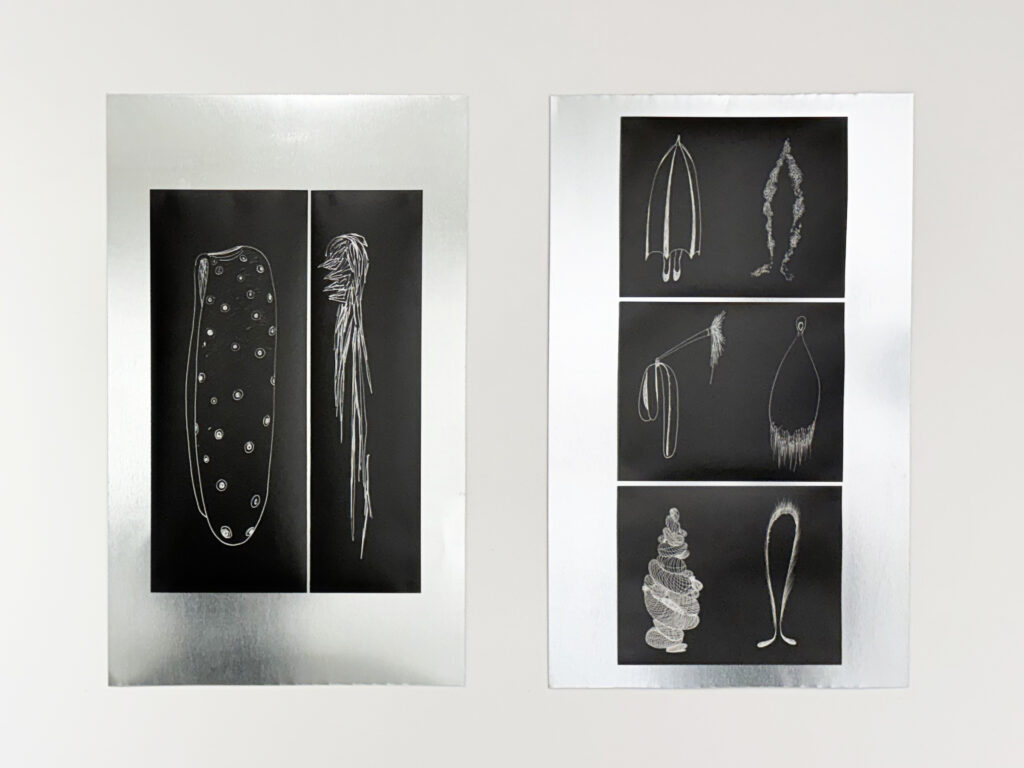 L'Ombre du corps, 2026. Galerie Le Trécarré, N-É. Photo C Patenaude // 2026. 2 photos-dessins, feuille d’aluminium. 66,5 x 40,5 cm.// 2026. 3 photos-dessins, feuille d’aluminium. 66,5 x 40,5 cm.