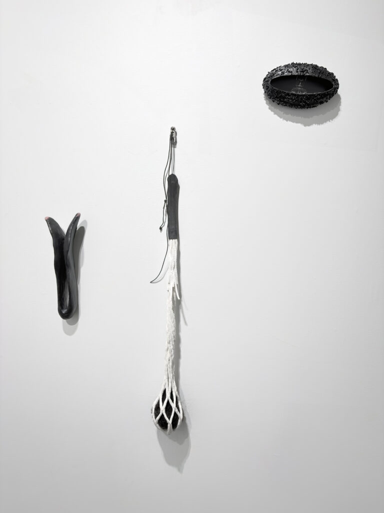 L'Ombre du corps, 2026. Galerie Le Trécarré, N-É. Photo C Patenaude // 2024. Argile, acrylique. 30 x 9 x 7 cm // 2026. Cordage, chambre à air, cheveux, poulie. 84 x 10 cm dia. // 2026. Photo, papier mâché, billes de silicone. 10 x 17,5 x 5 cm.